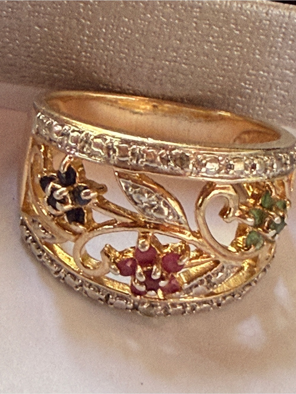 14k Gold Over 925 Sterling Silver Ruby Emerald Sapphire Flower Ring Size 8